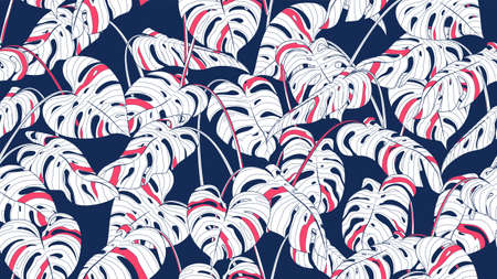 Floral monstera palm seamless pattern, color split-leaf Philodendron plant on blue background, line...