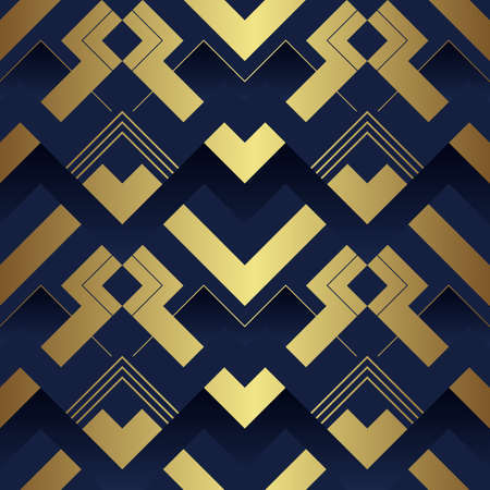 Vector modern geometric tiles pattern. luxury dark blue with gold shape. Abstract art deco seamless background.のイラスト素材