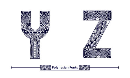 Vector graphic alphabet in a set Y,Z, with Polynesian Tattoo ethnic tribal font styleのイラスト素材