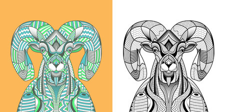 Coloring book The Big horn sheep head. Educational for adult. Hand drawn tattoo Vector illustration.のイラスト素材