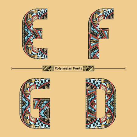 Vector graphic alphabet in a set E,F,G,H, with Polynesian Tattoo ethnic tribal font styleのイラスト素材