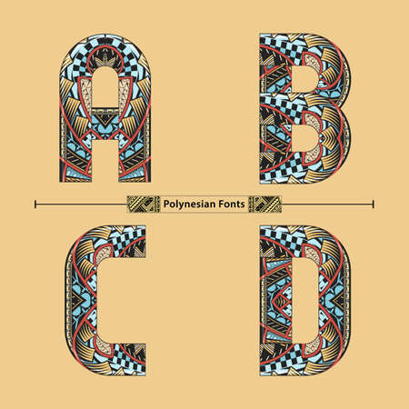 Vector graphic alphabet in a set A,B,C,D, with Polynesian Tattoo ethnic tribal font styleのイラスト素材