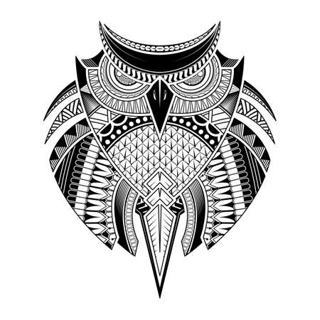 Vector hand drawn Owl. Black and white tattoo. Ethnic, poster, print, t-shirt.のイラスト素材