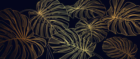 Luxury golden line art and natural. Linear Monstera background texture for print, fabric, packaging...
