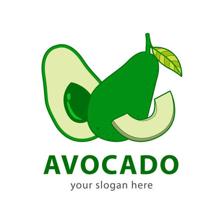 Avocado logo isolated on white background. Slice and whole fruit, seed, leaf. Vegan food vector.のイラスト素材