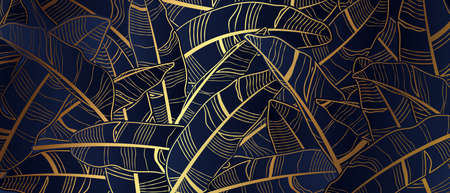 Tropical banana leaf gold luxury background. Summer tropical paradise with drawing line art illustration.のイラスト素材