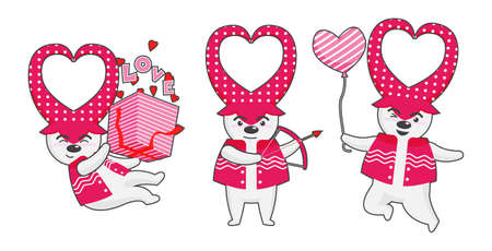 Set of isolated love cute mascot with hearts. Draw vector illustration collection. Isolated on white.Doodle cartoon style.のイラスト素材