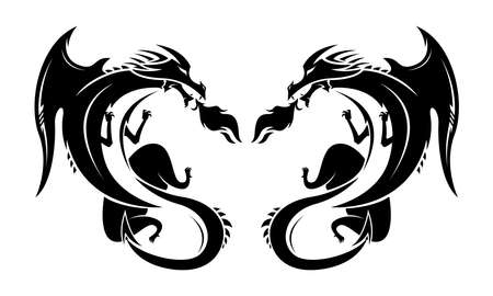 Black dragon silhouette on white background. Twin Dragon tattoo vectorのイラスト素材