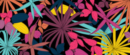 Abstract art nature color background vector. Boho foliage botanical tropical leaves and floral pattern design for summer sale banner, wall art, prints and fabrics.のイラスト素材