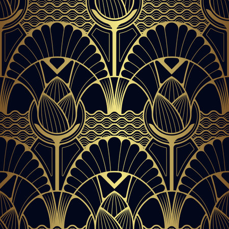 Vector modern geometric tiles pattern. luxury dark blue with gold shape. Abstract art deco seamless background.のイラスト素材