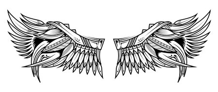 Abstract Tattoo wings. Vector illustration isolated graphic style Sketch for tattoo, hipster t-shirt design, vintage style posters.のイラスト素材