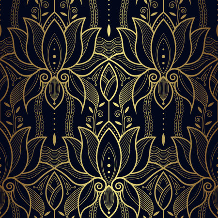 Vector modern geometric tiles pattern. luxury dark blue with gold shape. Abstract art deco seamless background.のイラスト素材
