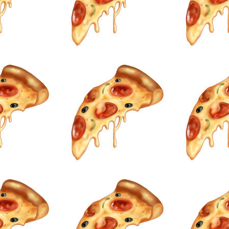 Appetizing pizza. Fast food illustration.Collection of snacks. Tasty food. Illustration for menu, postcard, business card, background, wrapping paper.の写真素材