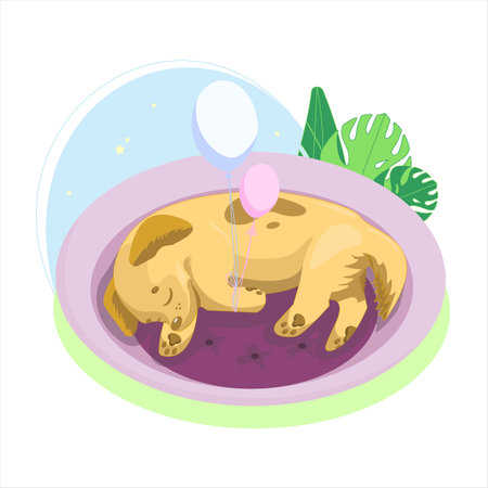 A cute brown puppy with balloons is sleeping on a purple pillow.のイラスト素材