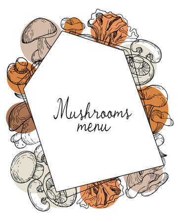Graphic mushrooms with color spots in trendy natural earthy tones. Vector background with mushrooms, Vintage autumn season design. Template for the menu. National mushroom day.のイラスト素材