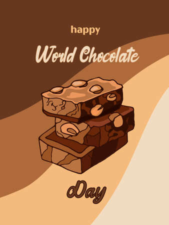 Appetizing pieces of milk chocolate with nuts. Vector illustration of dessert food in vintage style. For website, postcard, banner, poster. Celebrate world chocolate day with lettering.のイラスト素材