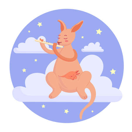 A mother kangaroo plays a lullaby for her sleeping baby, sitting on a cloud among the stars.のイラスト素材