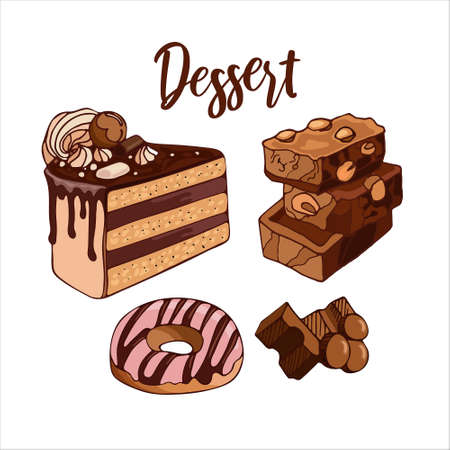 Set bright delicious milk chocolate pieces, cake, donut. Celebrate World Chocolate Day. Vector illustration of dessert food. For packaging, menu, cookbook, postcard, banner, poster.のイラスト素材