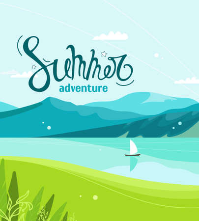Beautiful bright summer landscape. Mountains and water. Blue sky with white clouds. Azure mirror water surface of lake river. White sailboat. Illustration for background, website, posters, postcards.のイラスト素材