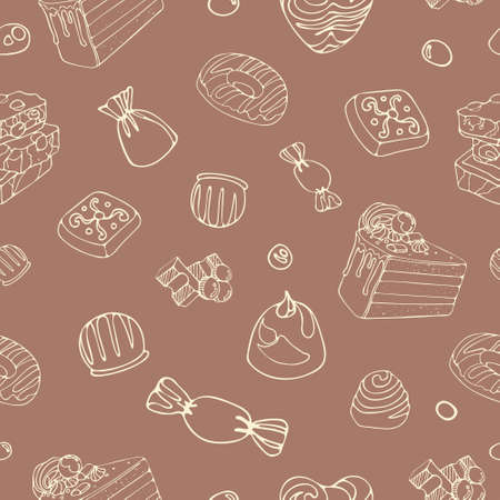 Seamless vector graphic vintage pattern of delicious pieces of milk chocolate, sweets, dragee. World Chocolate Day. Dessert food illustration. For packaging, menu, cookbook, postcard, banner.のイラスト素材