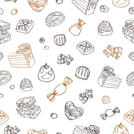 Seamless vector graphic vintage pattern of delicious pieces of milk chocolate, sweets, dragee. World Chocolate Day. Dessert food illustration. For packaging, menu, cookbook, postcard, banner.のイラスト素材