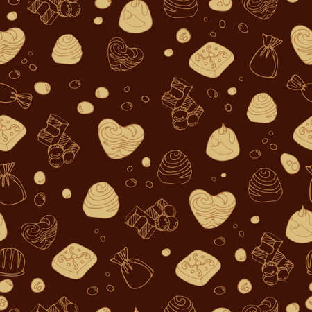 Seamless vector graphic vintage pattern of delicious pieces of milk chocolate, sweets, dragee. World Chocolate Day. Dessert food illustration. For packaging, menu, cookbook, postcard, banner.のイラスト素材