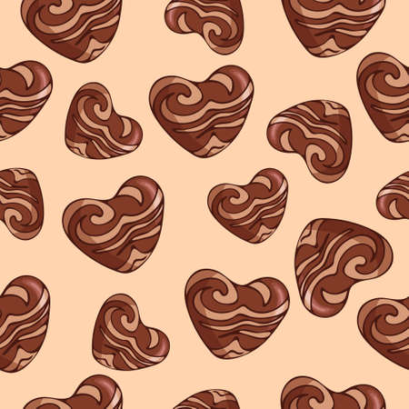 Seamless vector pattern of chocolates, gingerbread in the shape of a heart. World Chocolate Day. Valentines Day. Dessert food illustration. For packaging, menu, cookbook, postcard, banner.のイラスト素材