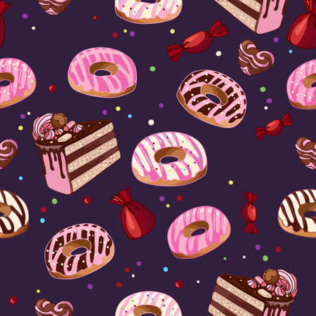 Seamless pattern donuts, chocolates, cake. Dessert food illustration. National Donut Day. Sweetest Day. International cake day. No Diet Day. For packaging, menu, cookbook, postcard, banner.のイラスト素材