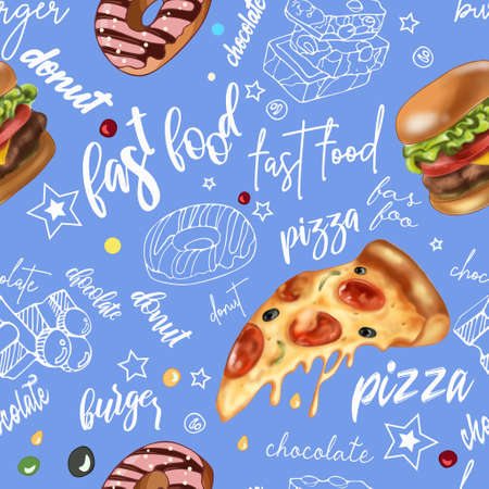 Bright seamless pattern pepperoni pizza, burgers, chocolate, donut, lettering. Chalk board. No Diet Day. Trendy graphic food illustration. For packaging, menu, background, printing on fabric, clothingの写真素材