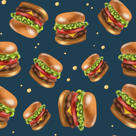 Bright seamless pattern burgers. On dark background. No Diet Day. Trendy graphic illustration. For packaging, menu, background, printing on fabric, clothing, menu.の写真素材