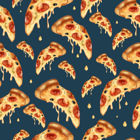 Bright seamless pepperoni pizza pattern. On dark background. No Diet Day. Trendy graphic fast food illustration. For packaging, menu, background, printing on fabric, clothing, menu.の写真素材