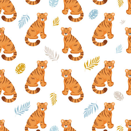 Bright summer tropical seamless pattern. Cute tiger, palm leaves childrens vector illustration cartoon style. For nursery, posters, prints on fabric. International Tiger Day. Chinese New Year 2022.のイラスト素材