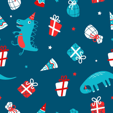 Bright cute festive childrens pattern. Funny dinosaurs, party hat, gifts. For christmas, birthday, new year. Vector illustration in cartoon style. For printing on fabric, merchandise, gift wrap.のイラスト素材