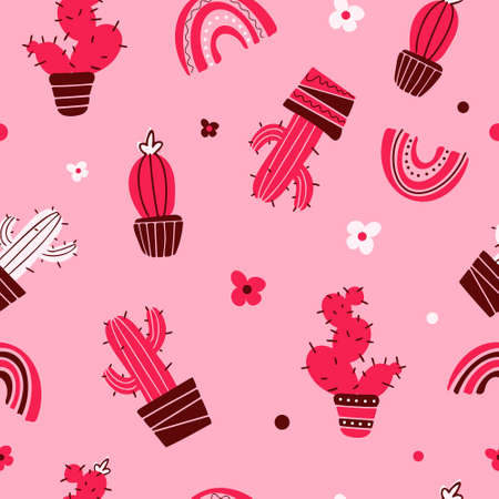 Bright summer cute pink seamless pattern domestic plants. Mexican cacti in pots, flowers, rainbows. Bright summer vector flat illustration. Houseplant. For printing on fabric, merchandise, gift wrapのイラスト素材