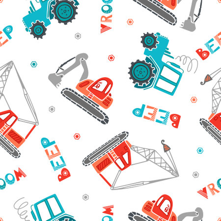 Childrens construction machinery seamless pattern. Cartoon illustration for boys in a scandinavian style. Transport machine excavator, tractor crane. For nursery, wallpaper, printing fabric, wrapping.のイラスト素材