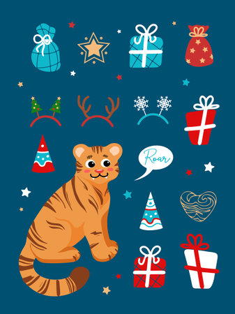 Christmas set bright illustrations in cartoon style. Tiger symbol of Chinese New Year 2022. Gifts, stars, party hat, deer horns, Christmas trees, snowflakes. For stickers, posters, postcards, bannersのイラスト素材