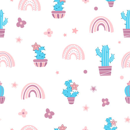 Bright summer cute seamless pattern domestic plants. Mexican cacti, flowers, rainbows. Bright summer vector flat illustration. Houseplant pastel colors. For printing on fabric, merchandise, gift wrap.のイラスト素材