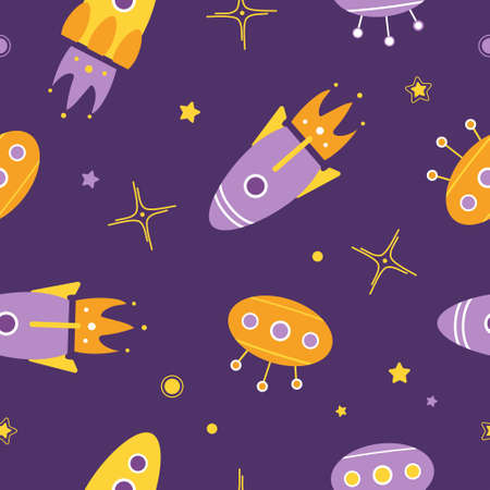 Bright childish seamless pattern. Cartoon style. Space, shuttle, ufo, stars, rockets. For nursery, wallpaper, printing on fabric, wrapping, background. In violet-yellow-orange colors. World UFO Day.のイラスト素材