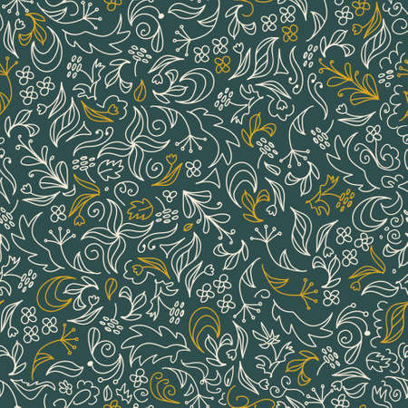 Bright floral summer seamless doodle pattern. In trendy earthy tones. Field herbs and flowers on a...
