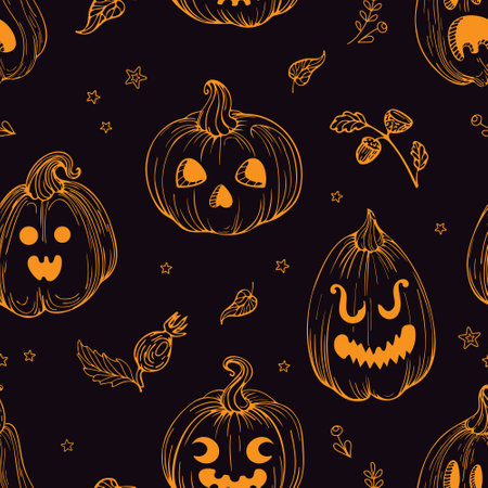 Vector seamless pattern cute illustration graphic drawing in vintage style for Halloween. Pumpkin jack lantern. Autumn leaves, witches and magic. For wallpaper, printing on fabric, wrappingのイラスト素材