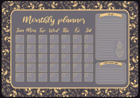 Cute monthly planner. Vintage illustrations for Halloween. Witchcraft, magic. Potion, caramel apples. To-do list, notes, template design, important dates. Schedule, calendar for study, school.のイラスト素材