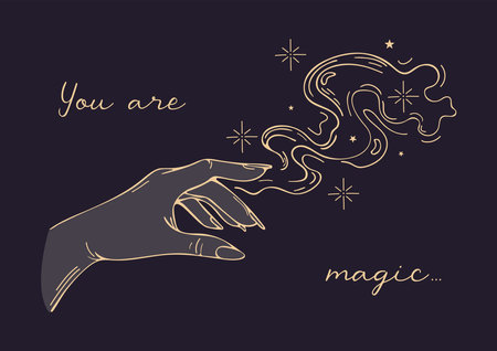 Vector illustration in vintage style. Womens golden hands. Lettering you are magic. Halloween, magic, witchcraft, astrology, mystic.のイラスト素材