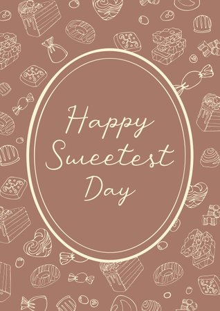 Vintage illustration Oval frame with pieces of milk chocolate with nuts and chocolates candy . Happy Sweetest Day. Beige background.のイラスト素材