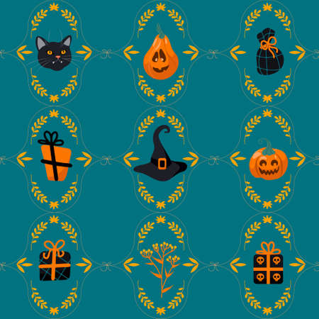 Halloween seamless pattern Black cat, witch hat, jack lantern, gifts, candy. On a green background. Bright illustration cartoon style. For nursery, wallpaper, printing on fabric, wrapping, background.のイラスト素材