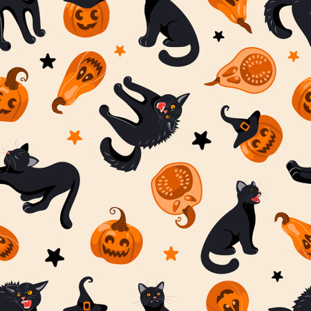 Halloween seamless pattern Black cat, witch hat, jack lantern, candy. On light beige background. Bright illustration in cartoon style. For wallpaper, printing on fabric, wrapping, backgroundのイラスト素材