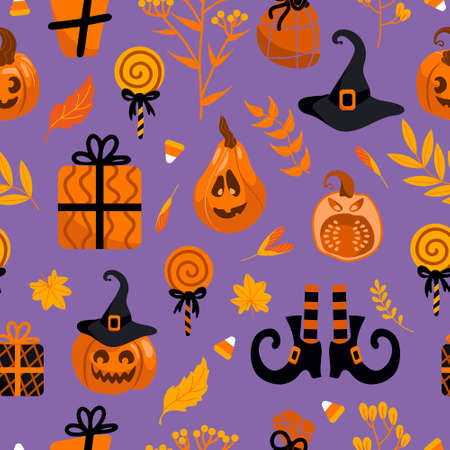 Halloween bright seamless vector pattern. Pumpkin jack-o-lantern, witch hat, striped stockings, shoes, lollipop, gifts, autumn leaves. For nursery, wallpaper, printing on fabric, wrapping, background.のイラスト素材