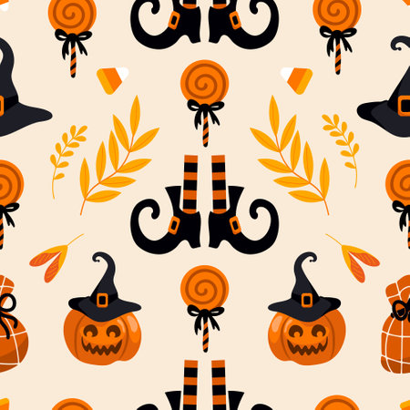 Halloween bright seamless vector pattern. Pumpkin jack-o-lantern, witch hat, striped stockings, shoes, lollipop, gifts, autumn leaves. For nursery, wallpaper, printing on fabric, wrapping, background.のイラスト素材