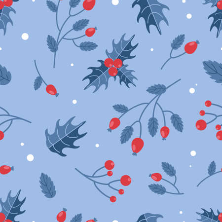 Bright Christmas pattern. Winter berries rosehip, holly. In red and blue festive colors. In a flat style. For nursery, wallpaper, printing on fabric, wrappingのイラスト素材