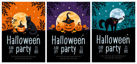 Halloween party flyer set. Bright vector illustration. Pumpkin jack-o-lantern, black cat, witch hat, lollipop, moon. For advertising banner, poster, flyerのイラスト素材
