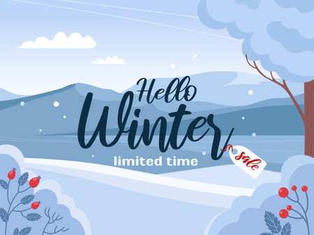 Banner winter sale. Beautiful bright landscape. Mountains and snow, berries. Azure mirror frozen water surface of lake.のイラスト素材